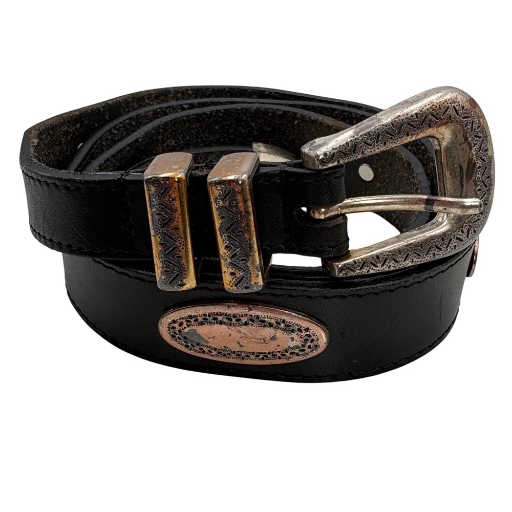 VTG Western Concho Belt‎ Womens 32 Black Leather 1" Engraved Buckle Tarnished